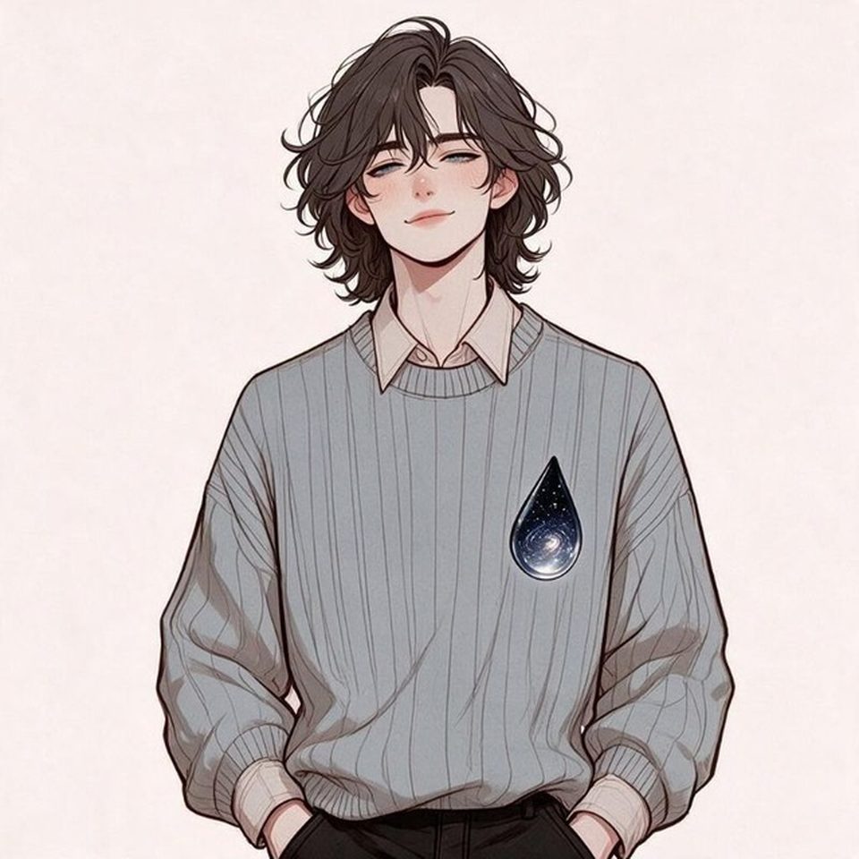 The card — Where he starts: the character's own portrait, made when the character was made. The grey ribbed sweater and the small cosmic teardrop are part of him, not part of a prompt.
