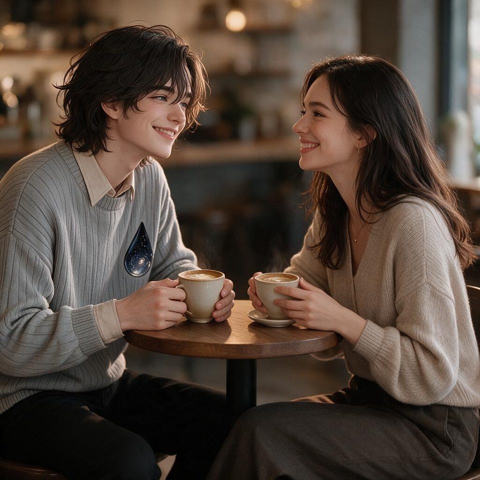 The cafe — Hours into a conversation. Different framing, another person in the shot, coffee on the table — and the sweater and the teardrop came with him, unasked.
